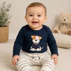 Conjunto Bebê Cachorrinho Body Manga Longa e Calça Listrada Infantil Menino