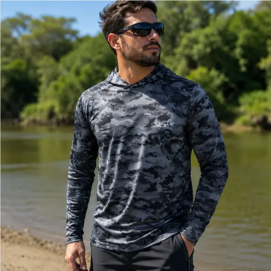 Camiseta Caça e Pesca Proteção Solar UV50  Camuflado Militar Térmica com Capuz Masculino