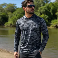 Camiseta Caça e Pesca Proteção Solar UV50  Camuflado Militar Térmica com Capuz Masculino