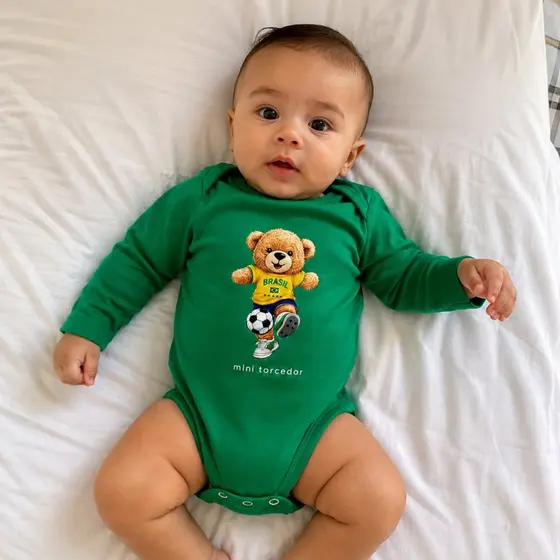 Body Bebê Copa do Mundo Manga Longa Brasil Ursinho