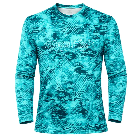 Camisa de Pesca Aqua Camo UV50+ Proteção Solar Manga Longa em Poliéster Pescaria Masculina Feminina