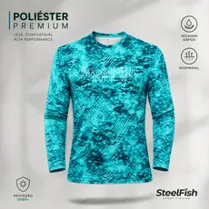 Camisa de Pesca Aqua Camo UV50+ Proteção Solar Manga Longa em Poliéster Pescaria Masculina Feminina