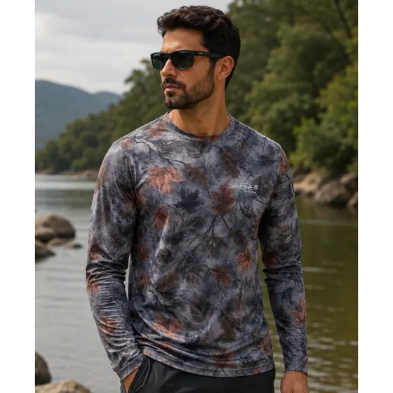 Camisa de Pesca  Folhas Proteção UV50  Térmica Caça Esporte