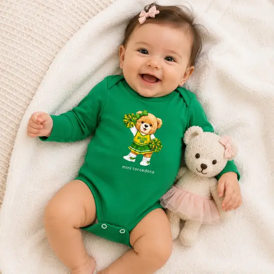 Body Bebê Brasil Temático Cotton Copa Ursinho Torcedor