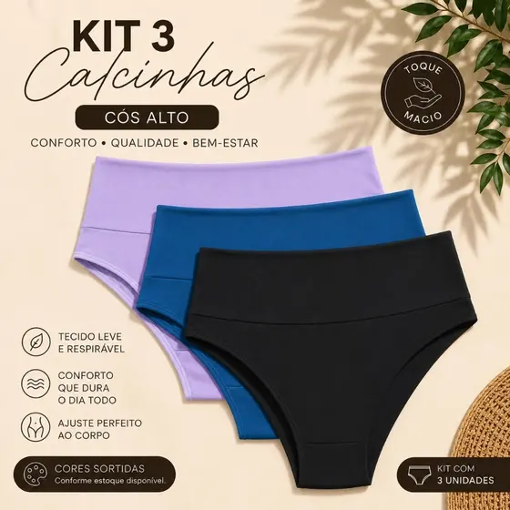 Kit 3 Calcinhas Femininas Cós Alto Confortável Cintura Alta Tecido Macio Respirável Cores Sortidas