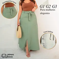Saia Longa Feminina Plus Size com Bolsos,  Fenda elegante Zíper e Cinto para amarrar Alfaiataria Evangélica