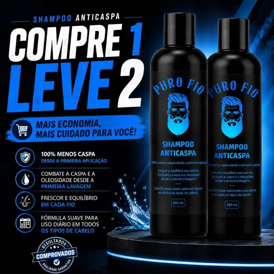 Kit 2 Shampoo Anticaspa Puro Fio tira a caspa 250ml 3 em 1 Cabelo, Barba, Bigode, Pronta Entrega Envio Imediato