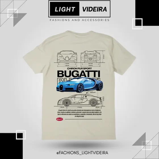 Camiseta Unissex Bugatti Chiron Estilo Esportivo Opções de Cores Off white, Branca e Preta Perfeita para Fãs de Carros