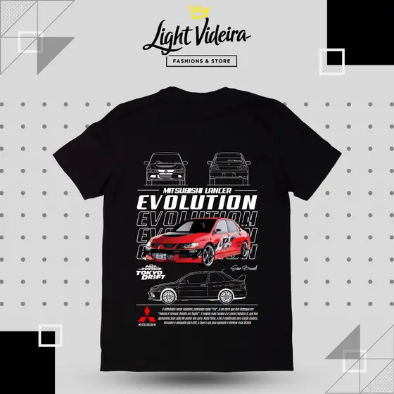 Camiseta Mitsubishi Lancer Evolution, Unissex, Velozes e Furiosos, Algodão Premium, Cores Branco, Preta, off white  bege