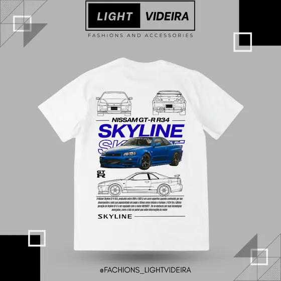 Camiseta Unissex 100% Algodão com Estampa Skyline R34 - Disponível em Diversas Cores