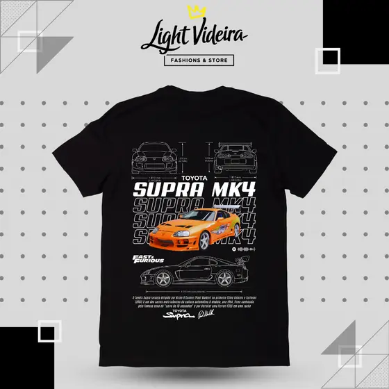 Camiseta Toyota Supra Velozes e Furiosos, Estampa Exclusiva, Unissex, 100% Algodão, Cores Branco, Preto e Off White
