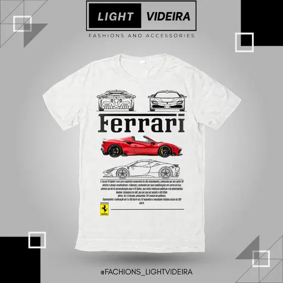 Camiseta Ferrari F8 Spider, Unissex, Estampa Carro Super esportivo, Algodão Premium, Cores Bege.