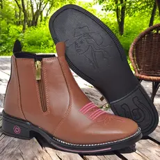 Bota Botina Feminina Texana Macia Country Cowboy Bico Quadrado Confortável Zíper E Rebites