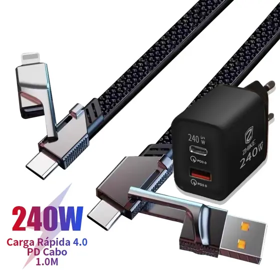 Carregador Cabo Carregamento Rápido 4 Em 1 Tipo C iP 1M Trançado de nylon Com Adaptador GaN
