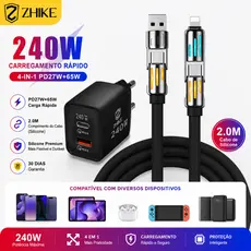 Cabo Carregador Carregamento Rápido Redondo 4 em 1 USB Tipo C Para Tipo C iP Silicone 2.0M Com Adaptador GaN
