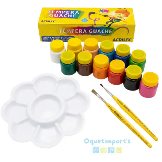 Kit Acrilex Tinta Guache Infantil 12 Cores + 2 Pincéis + Godê Flor Escolar Pintura