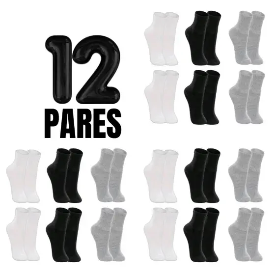 Kit 12 Pares Meias Cano Alto 80% algodão masculina e feminina