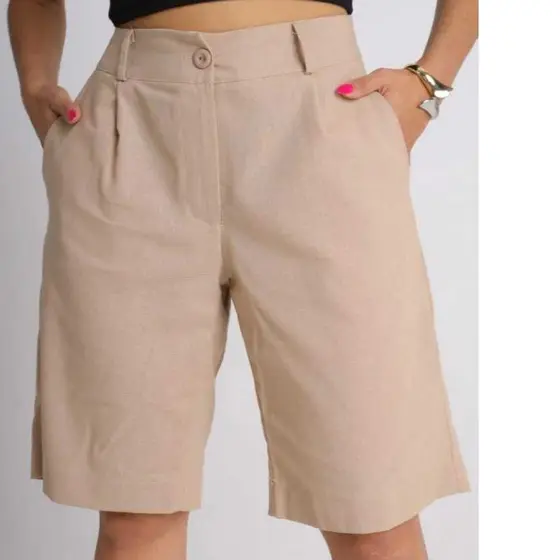 Bermuda Feminino Social Linho Rústico Elegante com Bolso Tendência