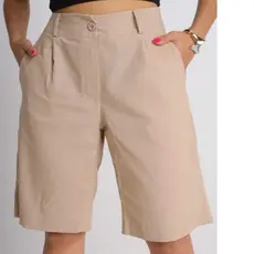 Bermuda Feminino Social Linho Rústico Elegante com Bolso Tendência