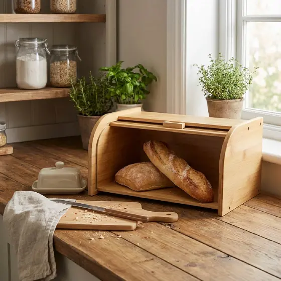 Porta Pães de Bambu Com Tampa Retrátil Para Armazenar Bolos e Pães