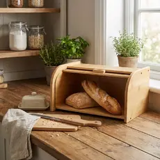 Porta Pães de Bambu Com Tampa Retrátil Para Armazenar Bolos e Pães