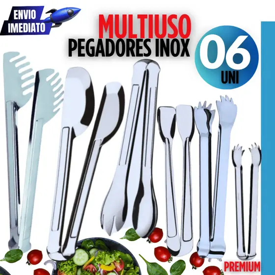 Jogo 6 Peças - Pegadores Multiuso Variáveis Utilidades Carne Churrasco Salada Massas Gelo Frios Linha Premium Inox Casa