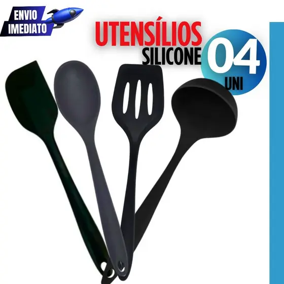 Kit 04 Unidades - Utensílios de Silicone Para Cozinha Concha Multiuso Colher de arroz Variáveis Espátula Reta + Vazada