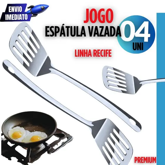 Jogo Premium com 4 Espátulas em Inox – Utensílios Vazados para Uso em Chapas, Cozinhas Industriais e Grelhas