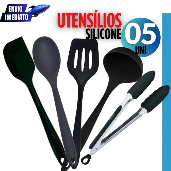 Jogo Kit 05 Unidades - Pegador de Silicone Para Cozinha Concha Multiuso Colher de arroz Variáveis Espátula Reta + Vazada