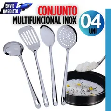 Kit 4 Utensílios em Inox Concha Escumadeira Colher de Arroz Espátula Vazada Cozinha Restaurante Casa Bar Variáveis