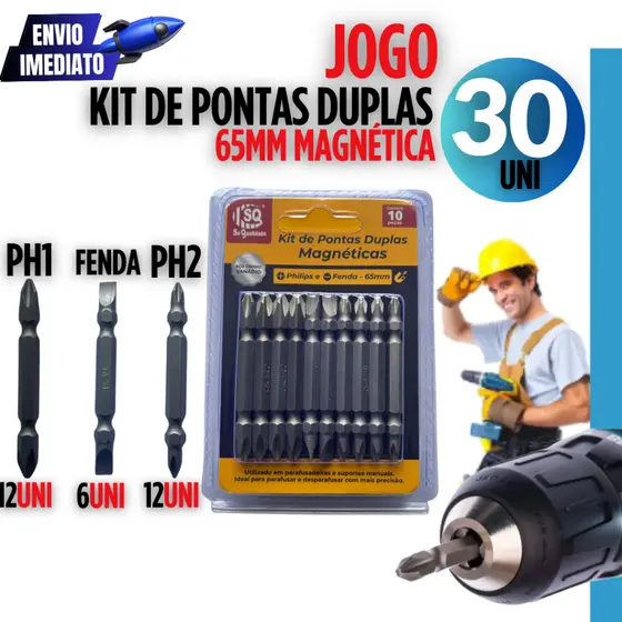 Kit 30 Unidades de Pontas Duplas  Magnéticas Jogo Bits Parafusadeira 65mm Linha Premium Casa Empresa Moveis