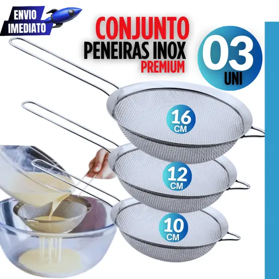 Kit 03 Peças  Peneira Coador Em Aço Inox Para Cozinha 3 Tamanhos 10cm 12cm 16cm Multifuncional Premium Peneiras