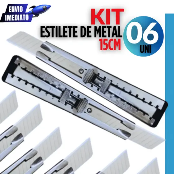 Kit 06 Estilete com Lâmina em Metal 15 Cm Profissional Com Trava Linha Premium