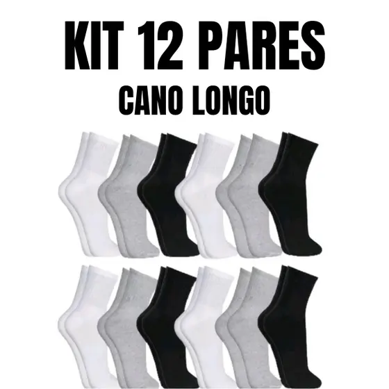 Kit 12 Pares de Meias Cano Alto unissex algodão