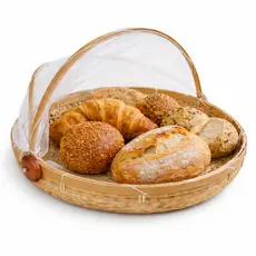 Cesto Porta Pão E Bolo Bambu Redondo Tela Protetor De Moscas Retratil 30cm