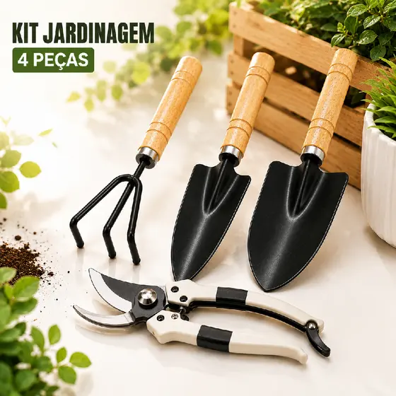 Kit 4 Ferramentas de Jardinagem Para Vasos Horta Jardim Plantas Flores Aço Carbono Cabo Madeira kit 4