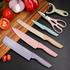 Kit de Conjunto Facas Coloridas Tesoura Descascador tabua Cozinha Gourmet 6 Peças