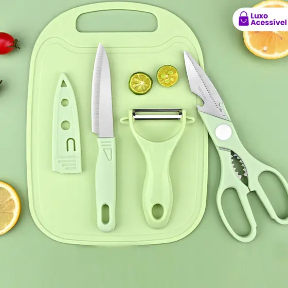 Kit De Utensílios De Cozinha 4 Peças - Faca Tesoura Descascador Tábua Culinária - Inox +MIMO