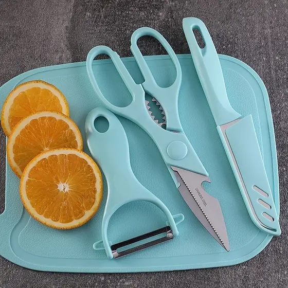 Kit de Utensílios de Cozinha 4 Peças - Faca Tesoura Descascador Tábua - Culinária - Inox +MIMO