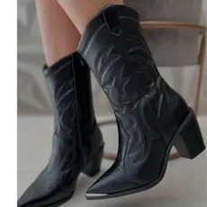 Bota Feminina Vizzano West Texana Bico Fino Moda Cano médio acolchoado Original rodeio zíper Forrada