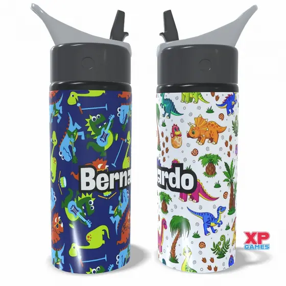 Garrafa Squeeze Dinossauro Personalizada com Nome Infantil Escolar