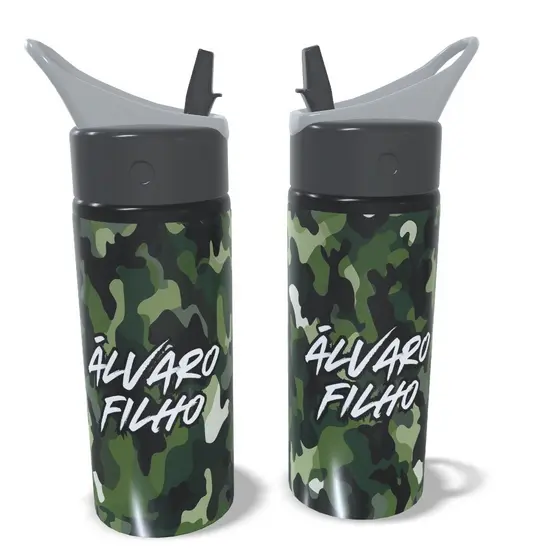 Garrafa Squeeze  Camuflada Personalizada com Nome Alumínio Infantil Escolar