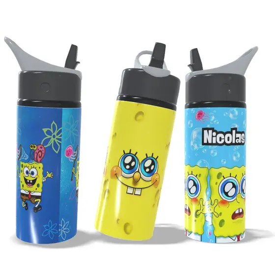 Garrafa Squeeze Bob Esponja com Nome Exclusiva Alumínio Infantil Escolar