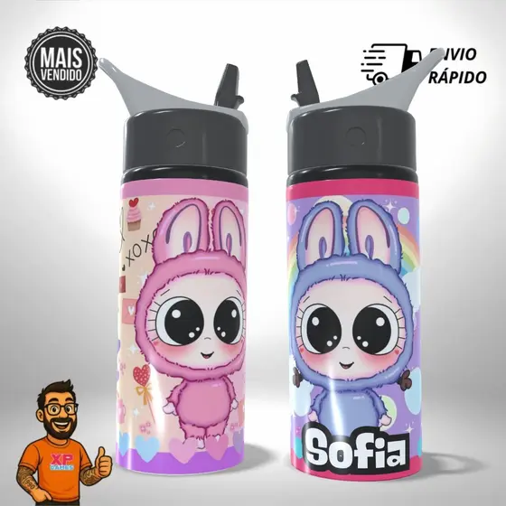 Garrafa Squeeze Personalizado – Labubu Meme Alumínio Escolar Infantil Com Nome