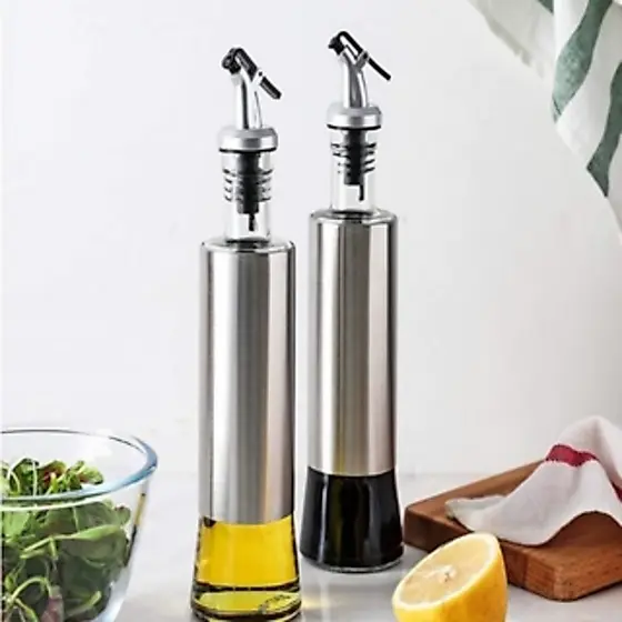 Porta Azeite ou Vinagre Molheiro Galheteiro Aço Inox Vidro Bico Dosador 300ml