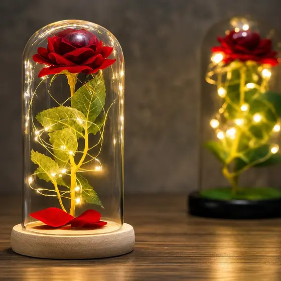 Flor na Cupula de Vidro A Bela e a Fera Rosa Encantada O Pequeno Principe com LED Abajur Fio de Fada