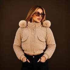 Jaqueta Cotele Casaco de Frio Inverno Veludo Puffer Confortável Peluciada Capuz Removível Macio