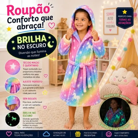 Roupão Infantil Menina de Microfibra Supermacio, Brilha no escuro e Seca Rápido