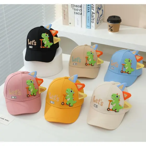 Boné infantil dinossauro 3D 100% algodão Chapéu De Criança 3 a 8 Anos Com Proteção UV Ajustável