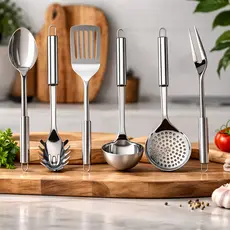 Kit 6 Utensílios de Cozinha em Aço Inox Escumadeira Concha Colher Arroz Pegador Massa Garfo Trin